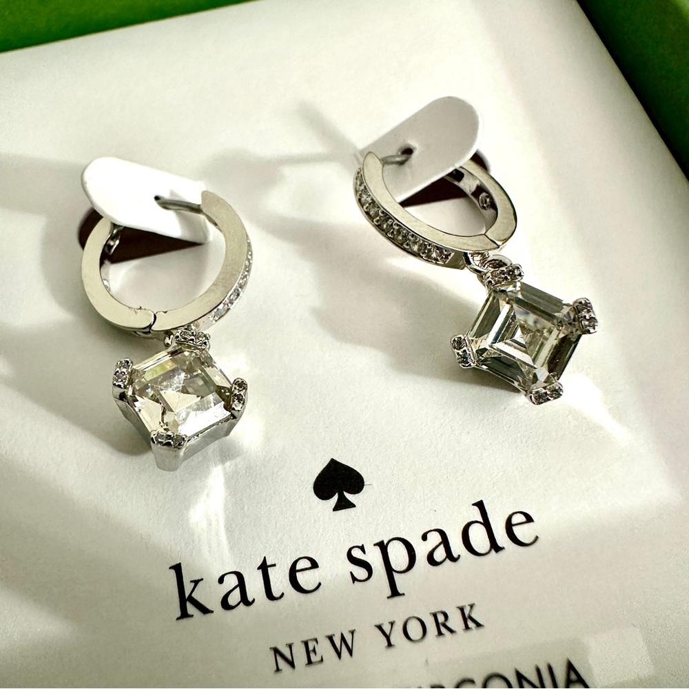 Kate Spade New York Crystal Dazzle Drop Huggie Hoop Earrings • NWT - Picture 2 of 4